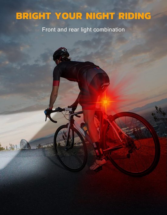 Fietslamp, koplamp, USB-oplaadbaar, IP65 waterdicht, LED-fietslamp met schijnwerper en spotlight, 8 + 12 standen, superhelder, Geschikt Geschikt voor- en achterverlichting — afbeelding 3