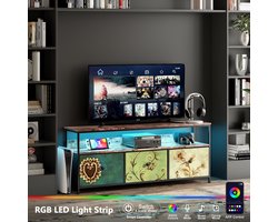 TV-meubel, LED-laden Kast met 4 laden, industriƫle tv-kast met laden, stoffen laden en metalen frame, houten oppervlak voor woonkamer, kinderkamer, hal, rustiek, Multi-Groen, 108x29.8x57cm