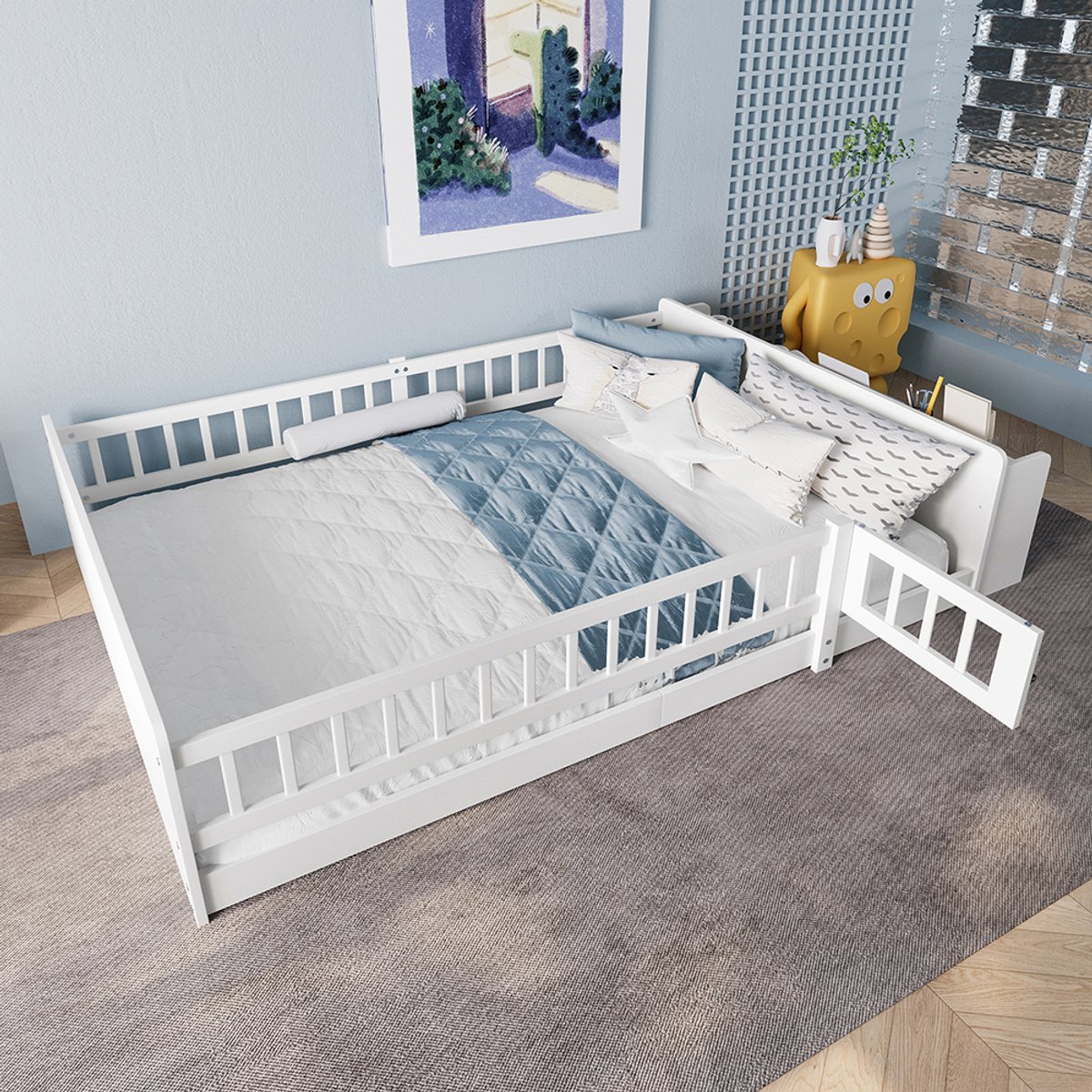 BLACKCOLORS Houten bed, kinderbed, 140 x 200 cm, grenenhout, open opbergruimte, planken, open structuur, zonder matras, wit