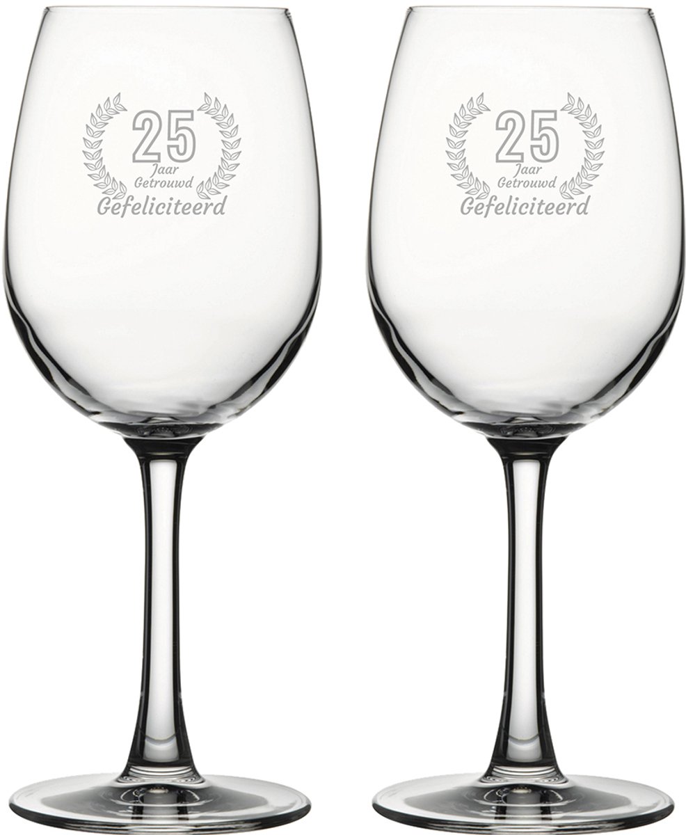 Gegraveerde set witte wijnglazen 36cl Gefeliciteerd 25 jaar getrouwd