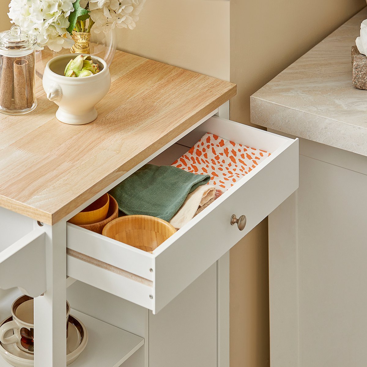 SoBuy Keukentrolley met Wielen, Keukenkast, Serveerwagen, Opbergruimte, Multifunctioneel, Wit, 60x91x44.5cm, FKW22-WN
