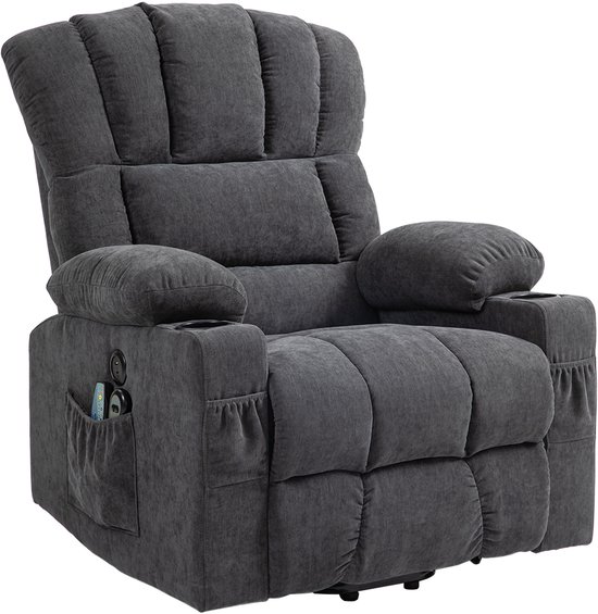 Donkergrijze, gestoffeerde relaxfauteuil met voetensteun omhoog, inclusief bekerhouders en zijvakken.