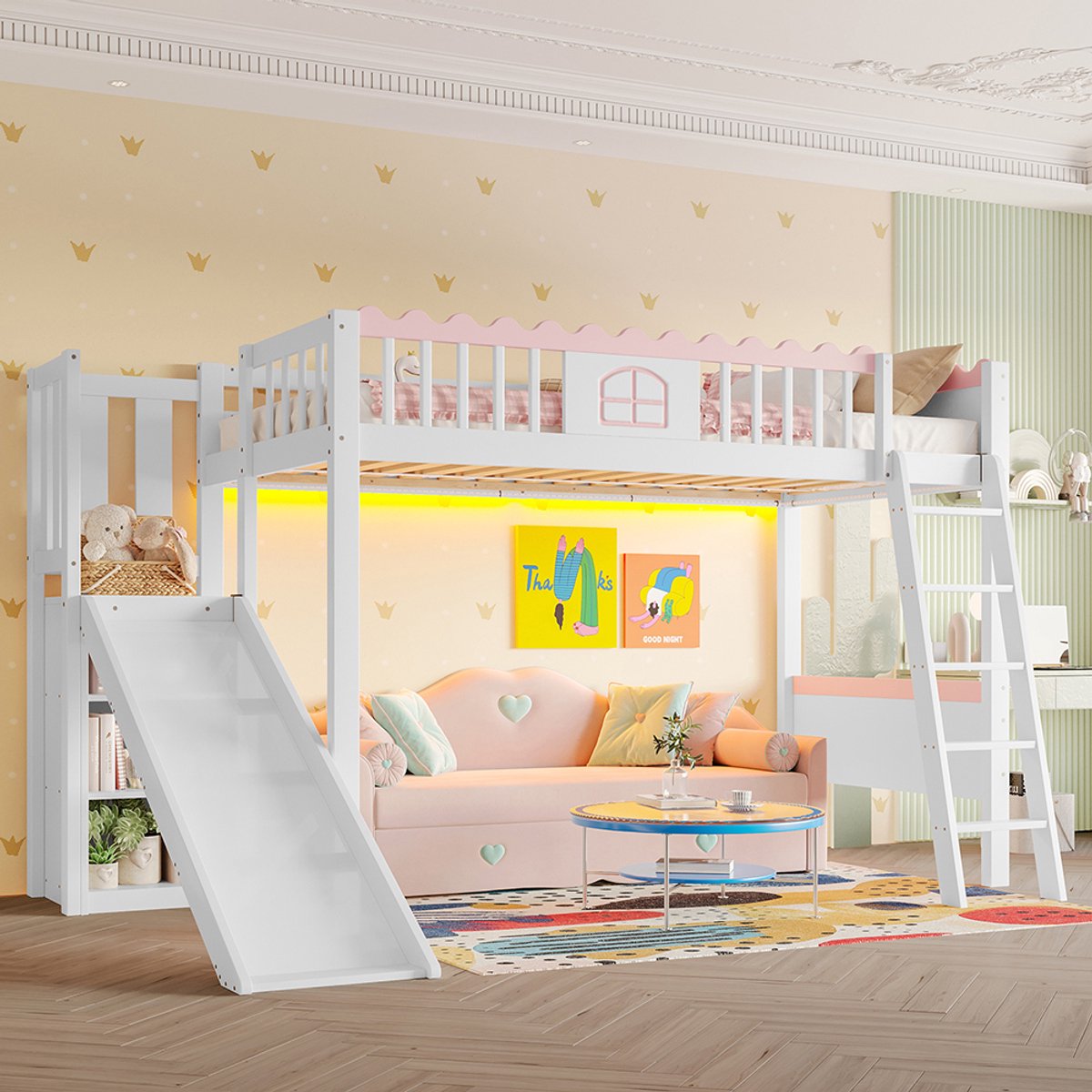 KOMHTOM Hoogslaper, eenpersoonsbed (zonder matras), kinderbed, met ledlampjes, met planken, met glijbaan, EN747-gecertificeerd, grenenhout, 90 x 200 cm, wit