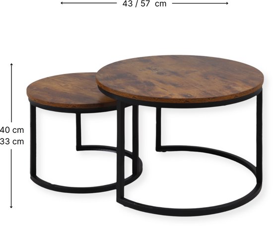 SensaHome Set de Table Basse Ronde - Ensemble de Table Ronde Antique en Bois - Grande Table 58x40cm, Petite Table 43x33cm - Bois
