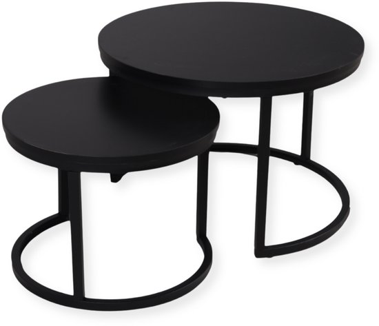 SensaHome Set de Table Basse Ronde - Ensemble de Table Ronde Antique en Bois - Grande Table 58x40 cm, Petite Table 43x33 cm - Zwart