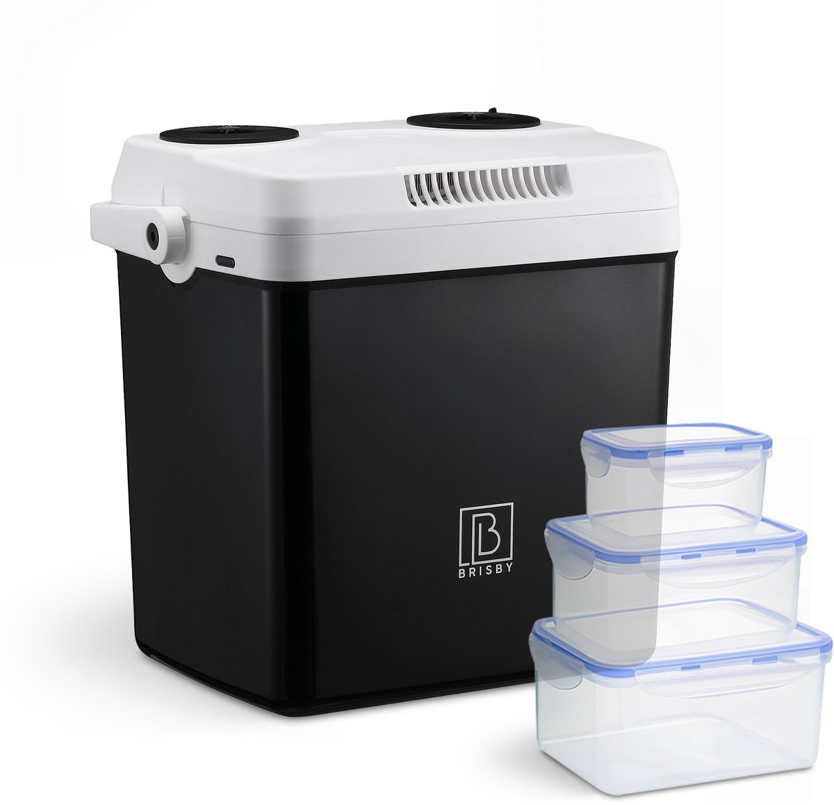 Brisby 25 Liter Elektrische Koelbox Frigobox Deluxe met 12V 220/230 Volt Aansluiting voor Auto en Camping – AC/DC - Coolbox - Divider en Deksel vergrendelstand - ZWART
