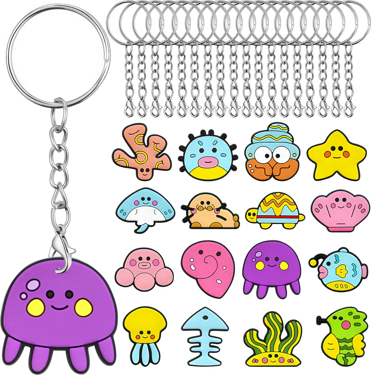 30x Sleutelhangers met 16 Aqua Cutie Charms - Sleutel Hangers Knutselpakket Set - Speelgoed Sleutelringen - Karabijnhaak Keyrings Sieraden Maken - Trakteren Keychain Fidget Toy - Grabbelton Uitdeelcadeaus Traktatie voor Meisjes, Jongens & Kinderen