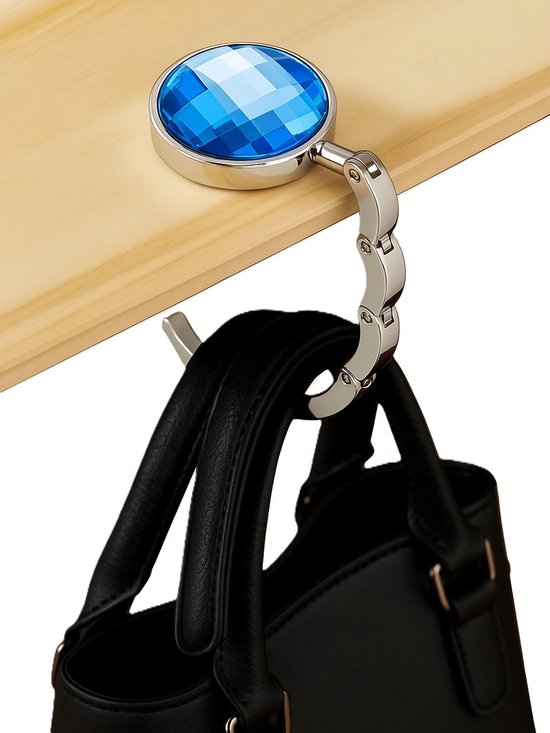 Support de sac à main pliable – Support de sac en métal élégant pour table et bureau | Compact, portable et durable | Ø 3,4 cm – 9,35 cm Déplié | Bleu / Argent