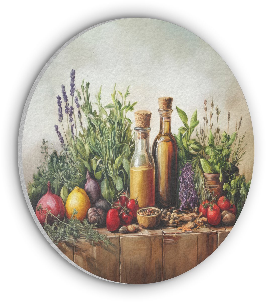 Akoestisch wandpaneel rond 30x30 cm - Vilt schilderij Stilleven - Kruiden - Specerijen - Fruit - Kleurrijk - Ronde akoestische panelen - Geluidsdempende wanddecoratie - Geluidsisolatie wandcirkel - Muurdecoratie geluidspanelen