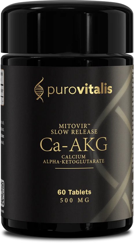 Zwarte pot met gouden tekst 'Purovitalis Ca-AKG Calcium Alpha-Ketoglutarate 500MG PER TABLET 60 VEGAN TABLETS'.