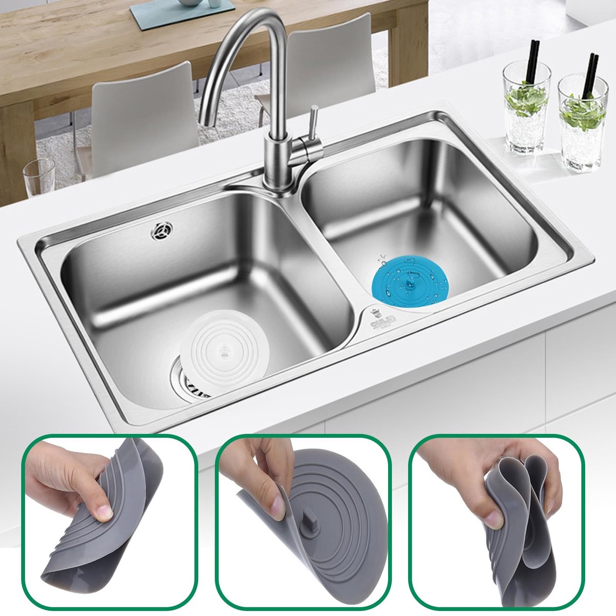 Azomor® Set van vier universele siliconen afvoerstoppen voor keuken en badkamer