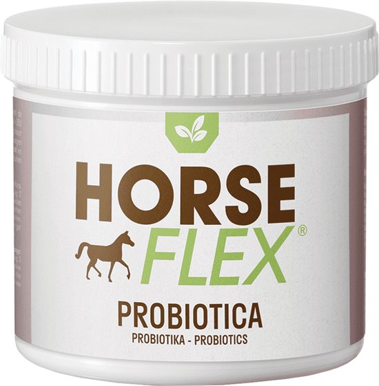 Witte pot met HorseFlex Probiotica, met bruine en groene tekst en een paard