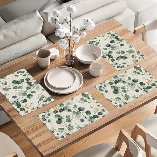Ensembles de nappes d'été Feuilles d'eucalyptus Nappes vertes 30 x 45 cm Lavable Décorations de vacances de printemps pour table à manger Cuisine Fête