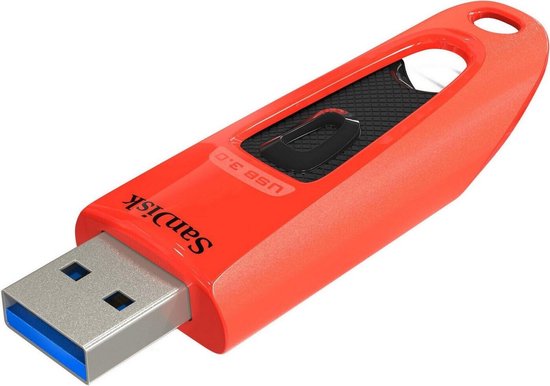 Rode SanDisk USB 3.0 flash drive met zwart geribbeld middenstuk, lipje en zilveren USB-connector.