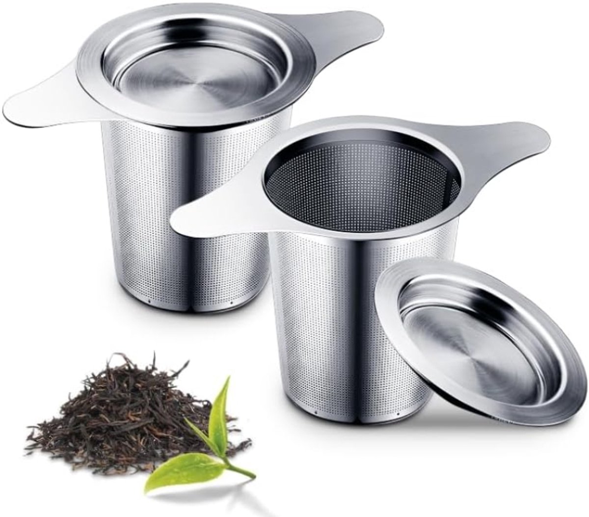 PromoHome Herbruikbare Theezeef voor Losse Thee - 2 Stuks RVS 304 Theefilters met Dubbele Handgreep en Deksel - Fijnmazige Thee-infuser voor Kopjes en Theepotten - Zilver