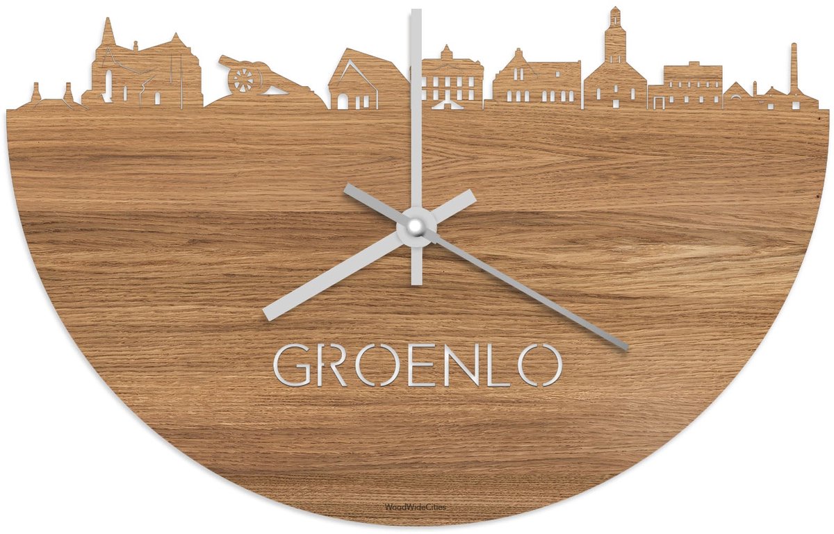 Skyline Klok Groenlo Eikenhout - Ø 40 cm - Stil uurwerk - Wanddecoratie - Meer steden beschikbaar - Woonkamer idee - Woondecoratie - City Art - Steden kunst - Cadeau voor hem - Cadeau voor haar - Jubileum - Trouwerij - Housewarming - WoodWideCities