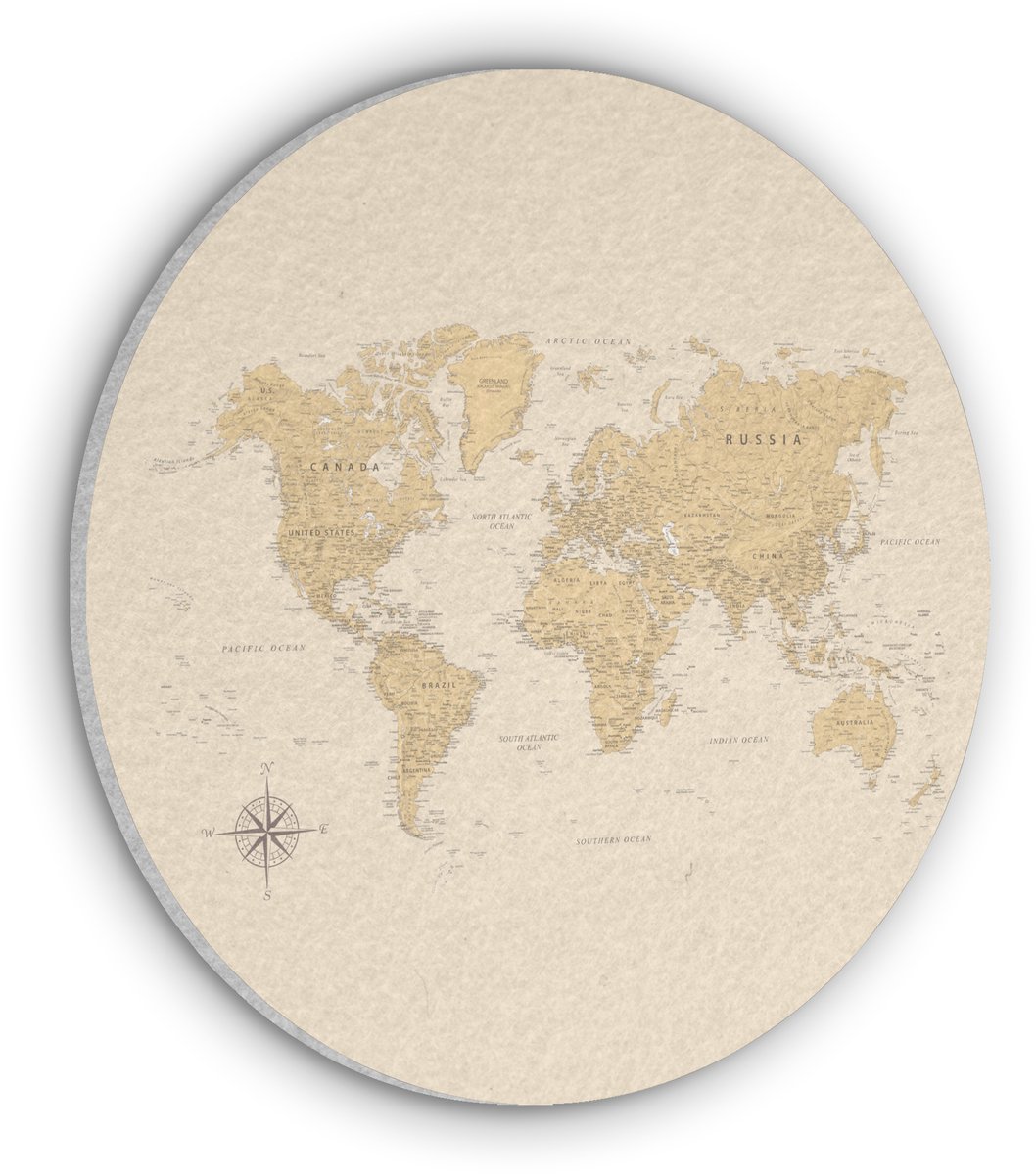 Akoestisch wandpaneel rond 80x80 cm - Vilt schilderij Wereldkaart - Realistisch - Beige - Ronde akoestische panelen - Geluidsdempende wanddecoratie - Geluidsisolatie wandcirkel - Muurdecoratie geluidspanelen