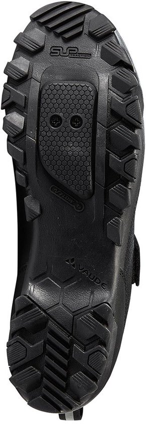 Semelle de chaussure de vélo noire avec profil, logo VAUDE et crampons.