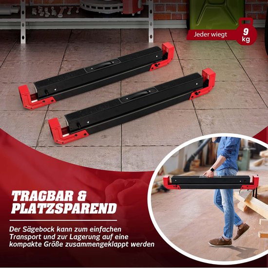 COSTWAY Werkbok, 2 x in hoogte verstelbaar, tot 1180 kg belastbaar, inklapbare zaagbok, antislip pvc-bovenkant, draagbare onderstelbok met handvat, opvouwbare steiger, klapbok, rood + zwart van Merkloos	 — afbeelding 5