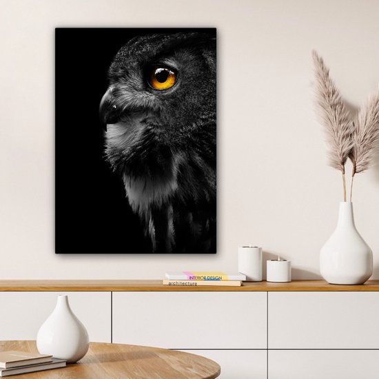 Peinture sur toile - Hibou - Vogel - Zwart - Peintures sur toile - Toile animaux - Toile canvas - 60x80 cm - Décoration murale - Salon