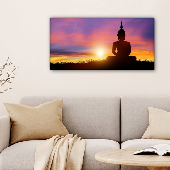 Toile - Statue de Bouddha - Silhouette - Coucher de soleil - Spirituel - Peintures salon - Peinture sur toile - Canvasdoek - 80x40 cm - Décoration murale