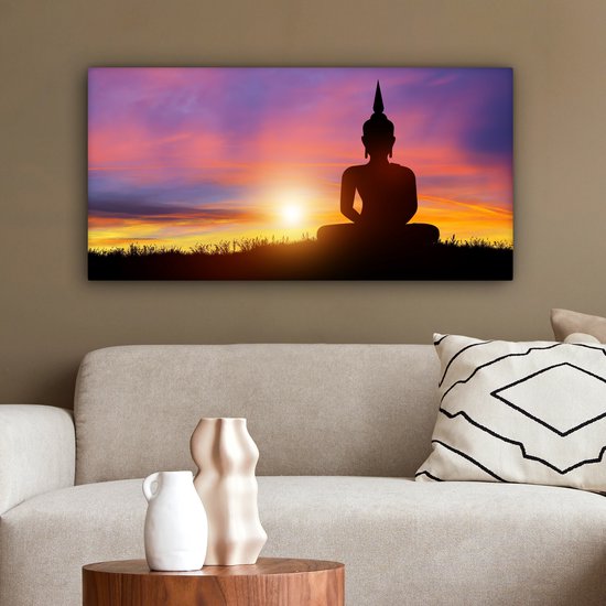 Toile - Statue de Bouddha - Silhouette - Coucher de soleil - Spirituel - Peintures salon - Peinture sur toile - Canvasdoek - 80x40 cm - Décoration murale