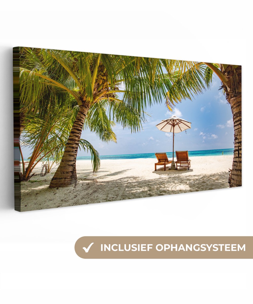 Canvas schilderij 40x20 cm - Wanddecoratie Strand - Strandstoel - Parasol - Muurdecoratie