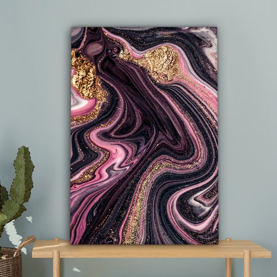 Tableau sur toile aspect marbre - Rose - Goud - Or - Luxe - Marbre - 60x90 cm - Décoration murale