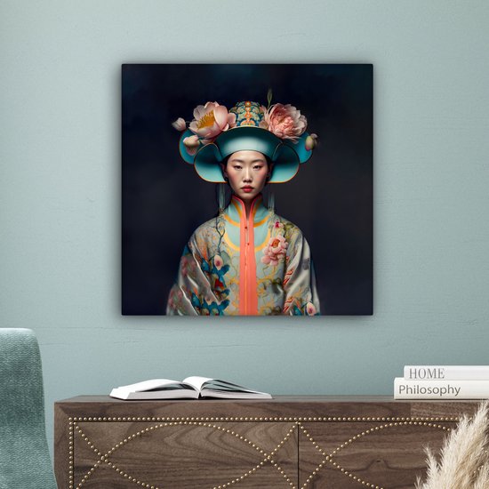 Tableau sur toile Femmes - Asiatique - Portrait - Vêtements - Fleurs - 50x50 cm - Décoration murale