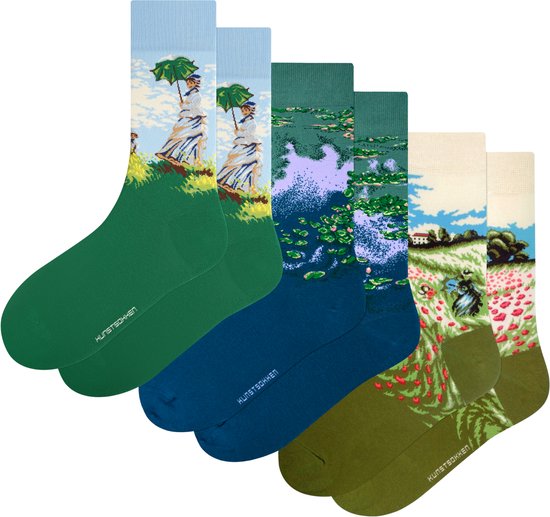 Kunst sokken - Claude Monet 3-pack - Sokken Heren 41 46 - Biologisch Katoenen Sokken - funny socks happy - Vrolijke Sokken - Grappige Sokken - Sokken Cadeau