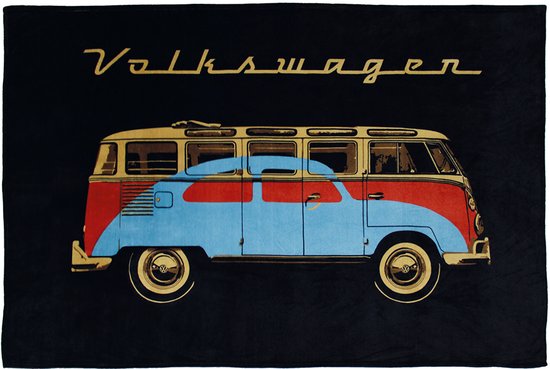 Zwarte deken met een retro Volkswagen T1 busje in rood, blauw en goud.