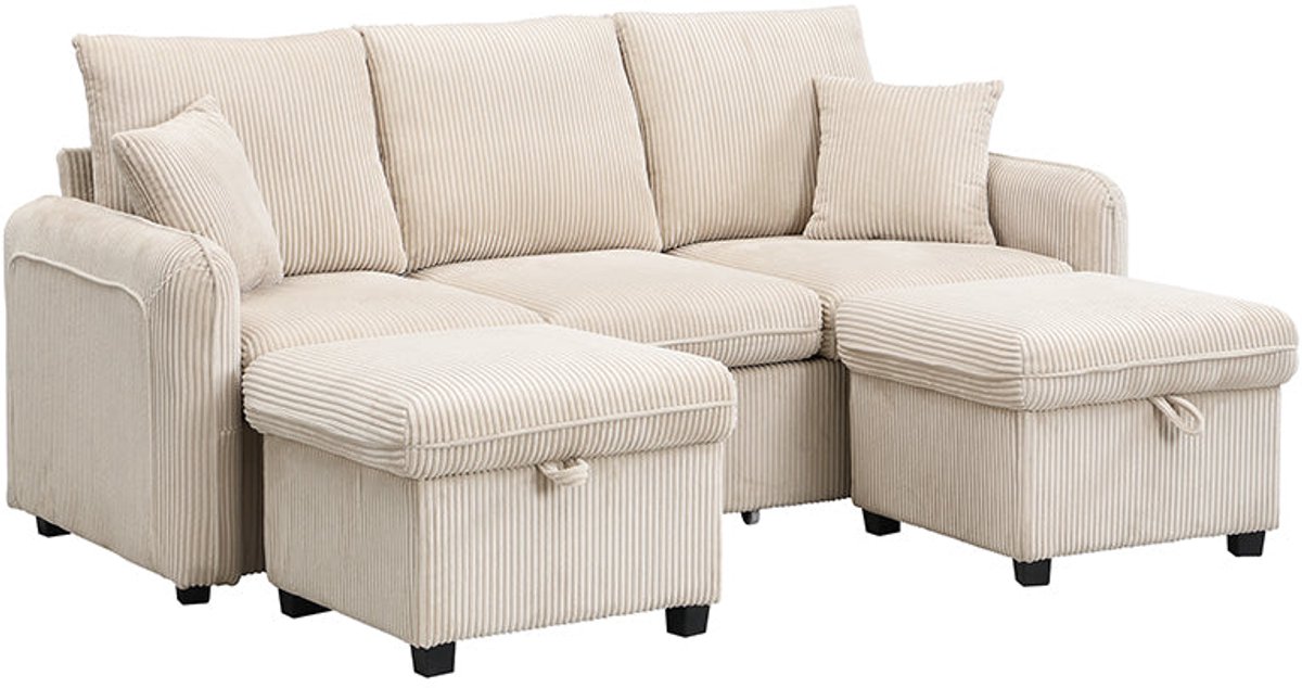Merax Modulaire 3-zits Bank met Opbergruimte – Beige – 2 Opbergpoefs en 2 Lades