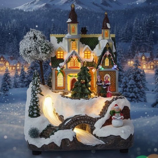 Lomera Kerstdorp met Verlichting - Draaiende Kerstboom - Kerstdorp met Muziek - Multicolour Led Lampjes - Handgeschilderd Kerstdorp - Kerstdorp met Beweging - Kerstdecoratie met Rivier - Werkt Op Batterijen - Kersttafereel