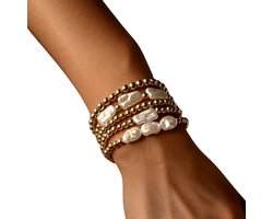 5-Delige Bohemian Armbanden Set Dames - Parels & Goudkleurige Kralen - Elastische Stacking Bangles - Boho Sieraden voor Zomer, Feest & Dagelijks Gebruik - Trendy Fashion Accessoire - Perfect Cadeau Idee voor Vriendin of Zus