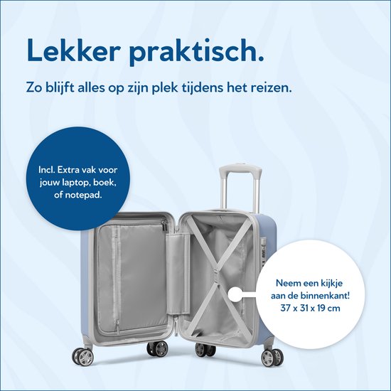 Open lichtblauwe SUITSUIT koffer die het praktische interieur toont. "Inclusief extra vak voor jouw laptop, boek, of notepad."