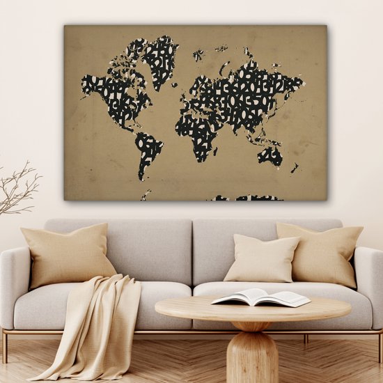 Wereldkaart en gros chiffres noirs sur fond marron 120x80 cm