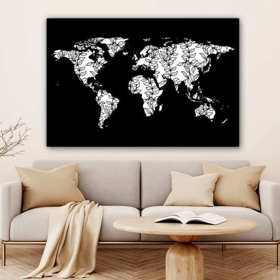 Wereldkaart avec motif de feuilles en noir et blanc 120x80 cm