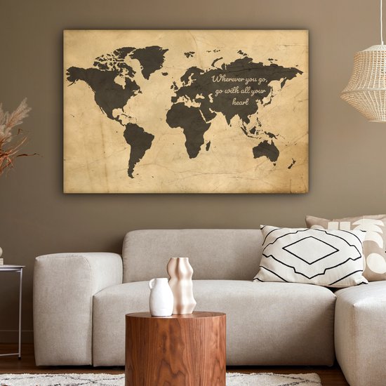 Peintures Toile Wereldkaart - Vintage - Citation - 150x100 cm - Décoration murale