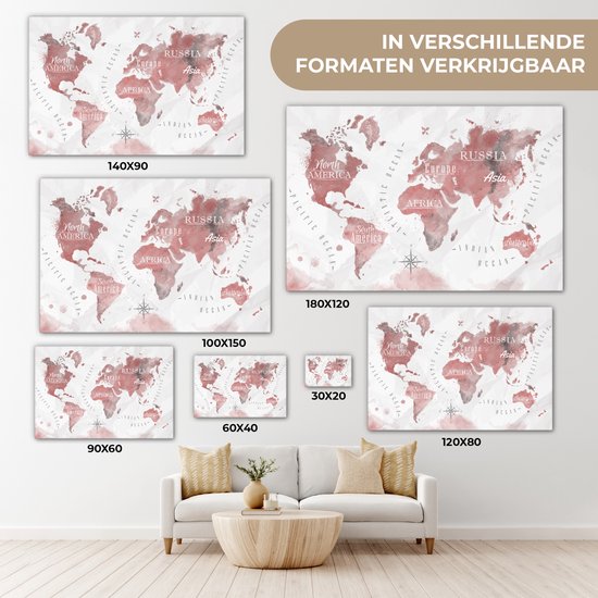 Peintures Toile Wereldkaart - Peinture - Rose - 120x80 cm - Décoration murale
