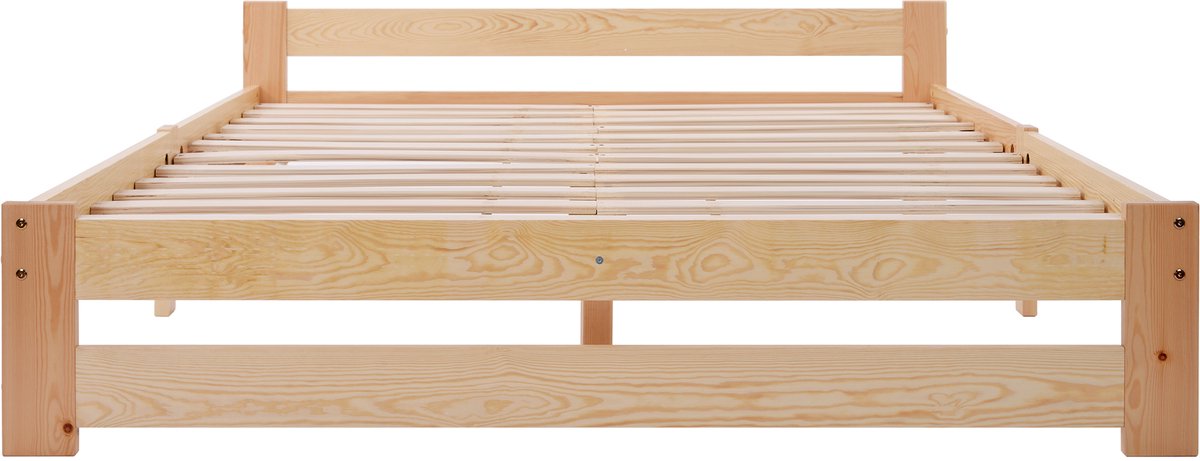 Solide Massief Houten Bed Futonbed Massief Houten Natuur Bed met Hoofdeinde en Lattenbodem, Natuur (200x140cm)
