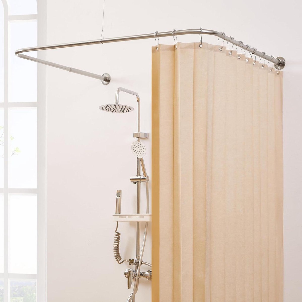 Allecto Plus - Verstelbare U-vormige douchegordijnroede geborsteld nikkel 78,7 cm - 118,6 cm - U-vorm paal - Badkamer douchestang met ringhaken