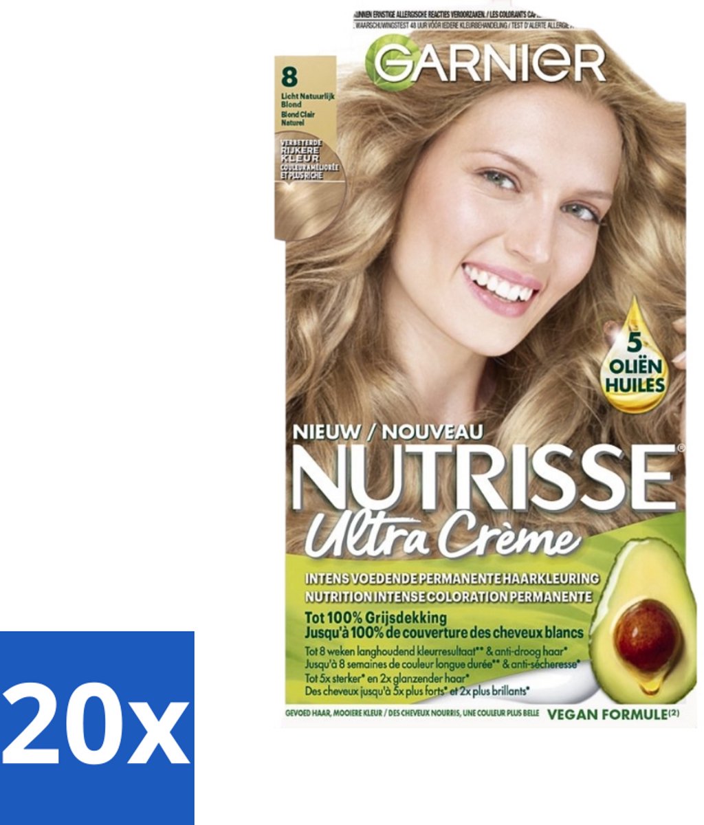 20 x Garnier - Nutrisse Ultra Crème 8 - Haarkleuring - Lichtblond - Intens Voedend - Permanente Kleur - Haarkleuring - Lichtblond - Voedende Haarverf - Permanente Kleur - Grijsdekking