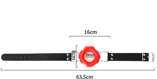 Afmetingen van zwarte leren band met rode lipvormige bal: 63.5cm lengte, 8cm breedte, 39mm diameter bal.