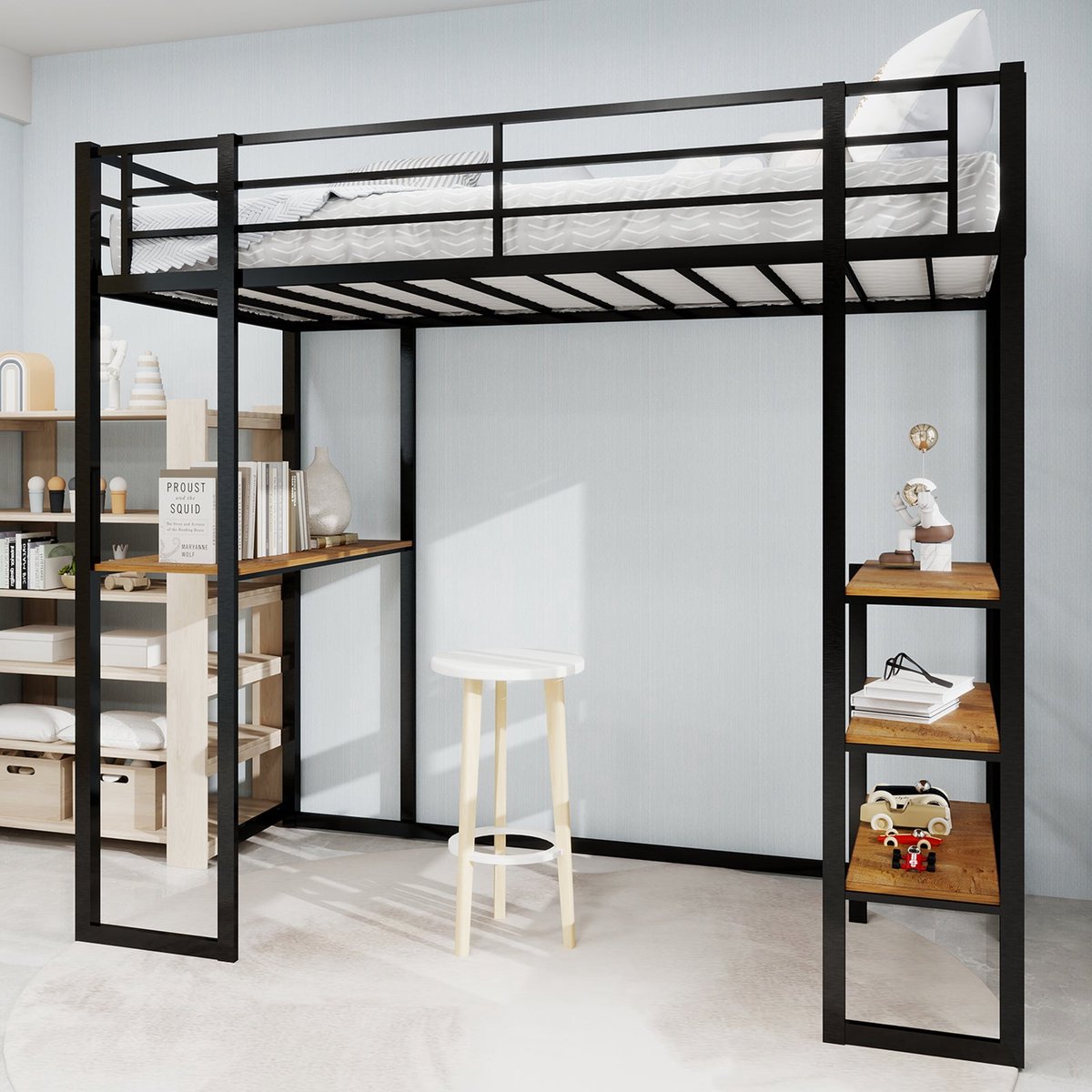 Merax Hoogslaper met Bureau en Planken – Metalen Eenpersoonsbed 90x200 cm met Uitvalbeveiliging – Zwart