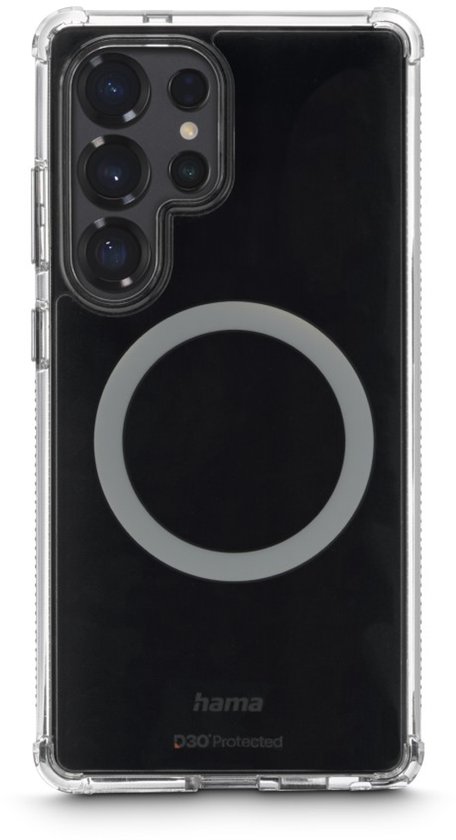 Coque de téléphone transparente avec cercle magnétique et objectif de caméra, vue de face.