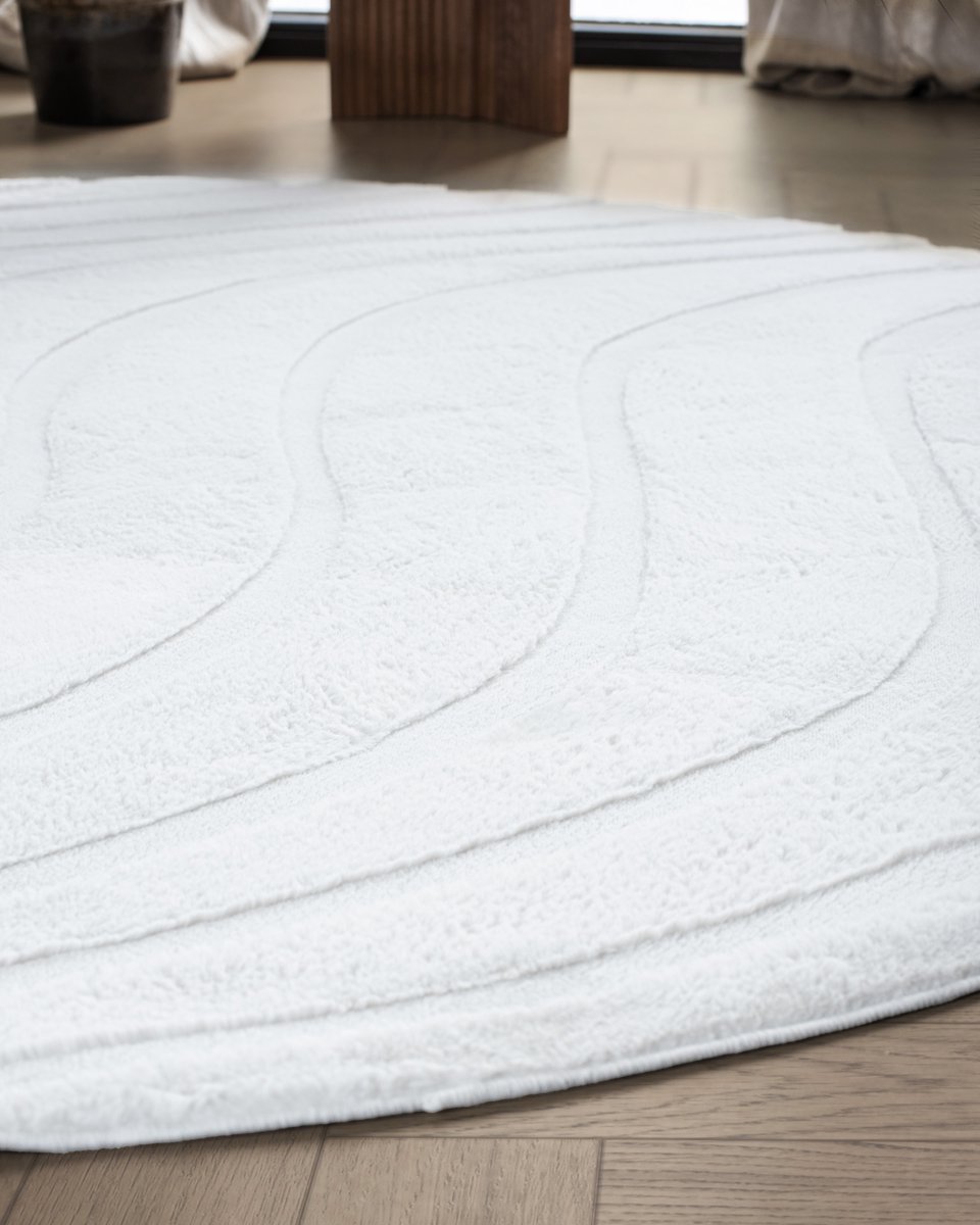 Carpetique Rond Vloerkleed - Ø200 cm – Wit - Antislip – Japandi & Scandinavisch Woonkamer Tapijt