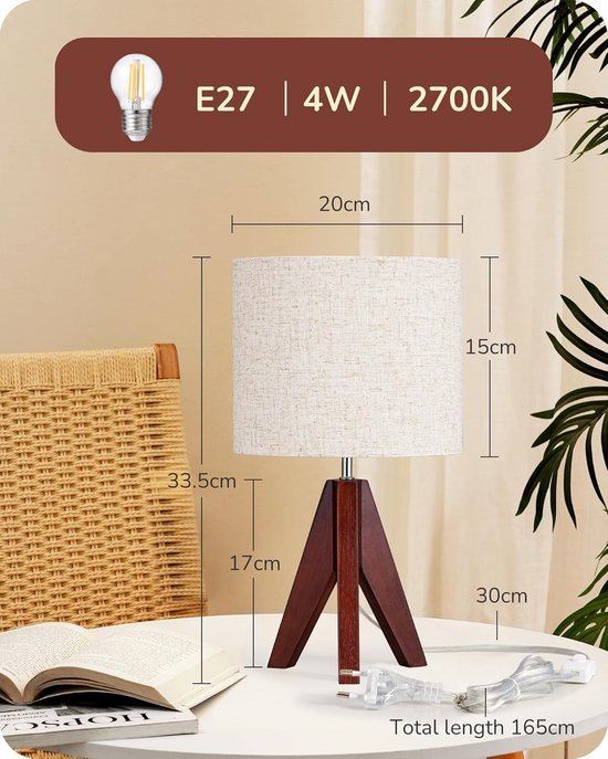 Houten Nachtlampje met Driepoot en Linnen Lampenkap, Moderne Tafellamp voor Slaapkamer en Woonkamer van Merkloos — afbeelding 4
