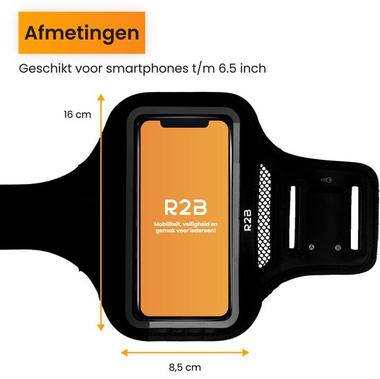 Zwarte sportarmband van R2B, geschikt voor smartphones tot 6.5 inch. Met afmetingen 16 x 8.5 cm.
