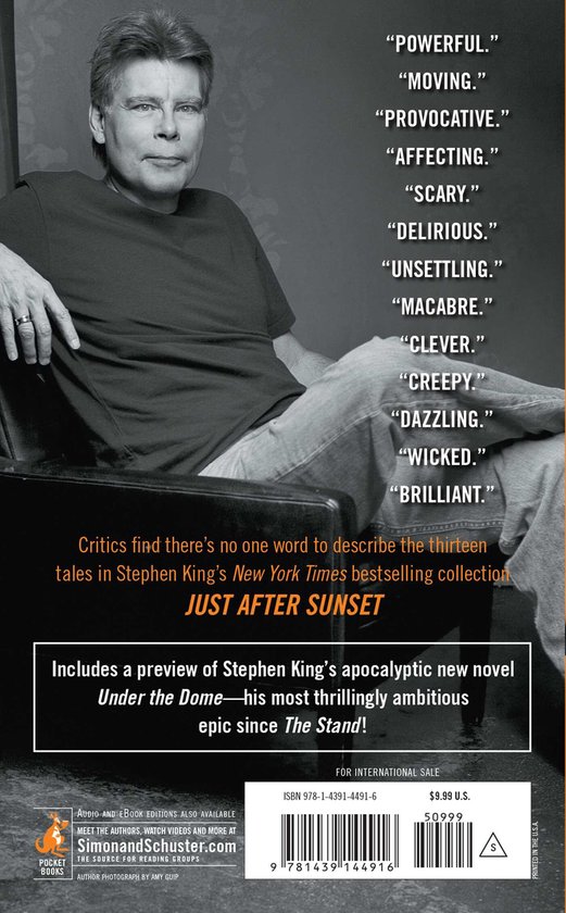 Stephen King op een stoel, met 'POWERFUL', 'MOVING', 'PROVOCATIVE' en andere citaten.