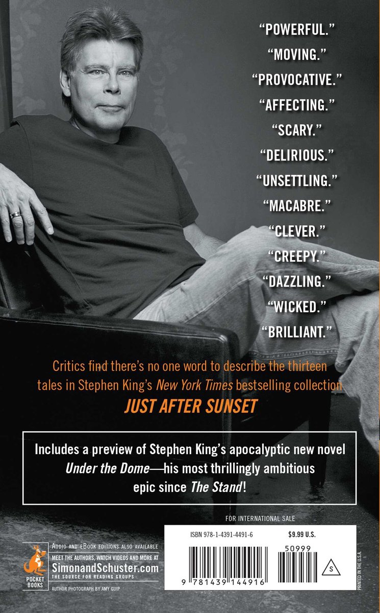 Stephen King op een stoel, met 'POWERFUL', 'MOVING', 'PROVOCATIVE' en andere citaten.